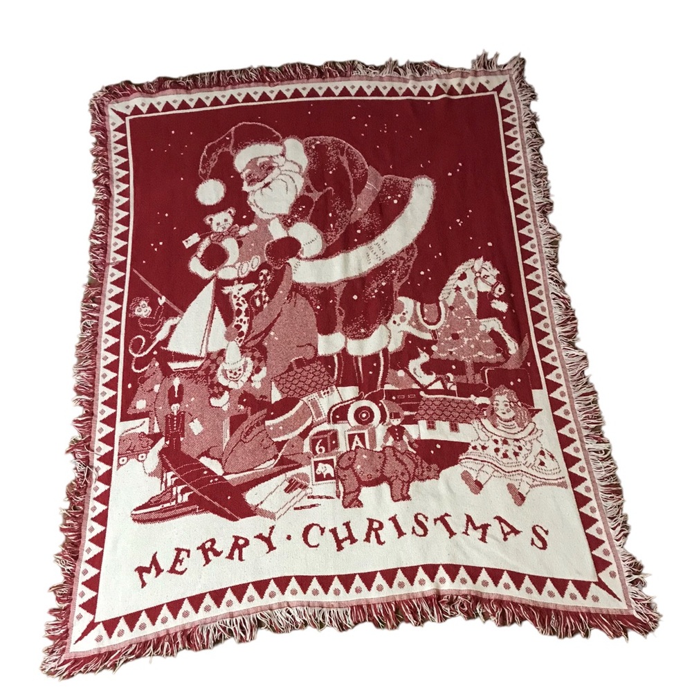 Classic Christmas Scene Red And White Cotton Tapestry Throw Blanket With Fringe